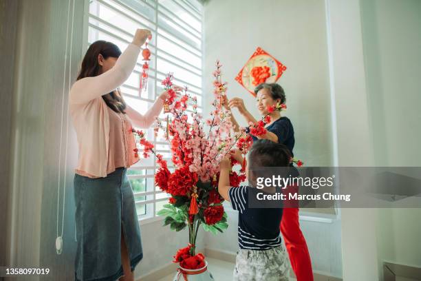 asiatisch-chinesische lächelnde familie schmückt chinesische neujahrsornamente auf kirschblüten - kung hei fat choi stock-fotos und bilder