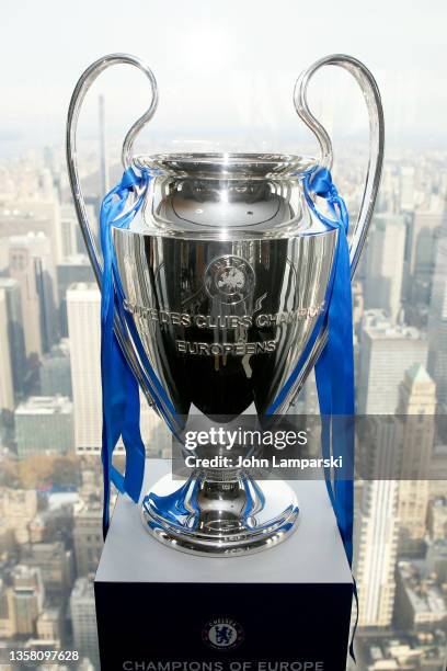 View of the Champions League Trophy at The Empire State Building on December 09, 2021 in New York City.