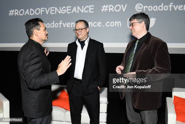 Marcelo Vignali, Adam T. Bernard and Ethan Hurd attend “Road Of Vengeance” Premiere Screening at The Montalban on December 08, 2021 in Hollywood,...