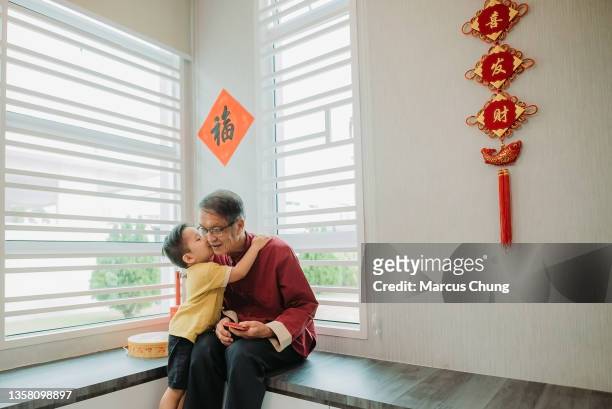 asian chinese grandchild hugging his grandfather in living hall during chinese new year - 75 year old pensioners stockfoto's en -beelden