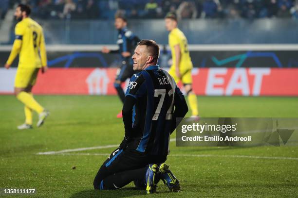 Josip Ilicic of Atalanta BC reacts during the UEFA Champions League group F match between Atalanta and Villarreal CF at Gewiss Stadium on December...