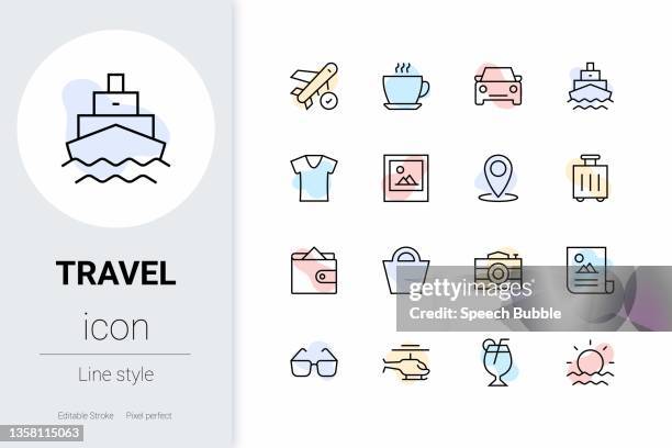 travel, thin line vector icon set. - funfair lights stock illustrations