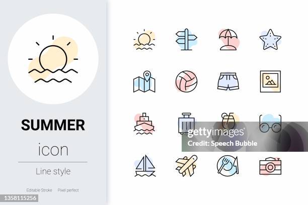 illustrazioni stock, clip art, cartoni animati e icone di tendenza di estate, set di icone vettoriali a linea sottile. - parasole