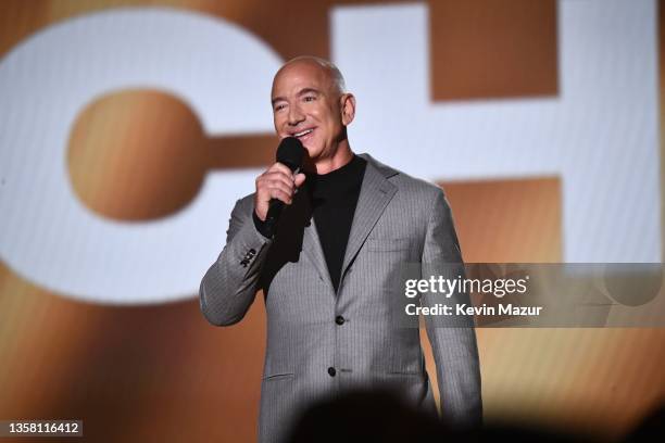 Jeff Bezos speaks onstage during the 2021 People's Choice Awards at Barker Hangar on December 07, 2021 in Santa Monica, California.