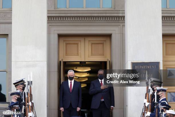 Secretary of Defense Lloyd Austin welcomes Israeli Minister of Defense Benny Gantz during an enhanced honor cordon ceremony at the Pentagon December...