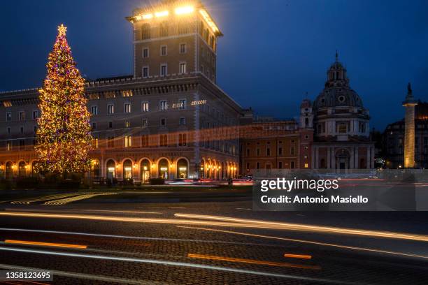 General view of the big Christmas tree at Piazza Venezia during the restrictions to contain the Covid-19 pandemic, on December 9, 2021 in Rome, Italy.