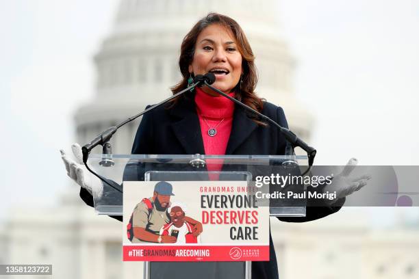 Rep. Veronica Escobar speaks at a rally with grandmas and Congressional members for "Build Back Better' in front of the U.S. Capitol Building on...