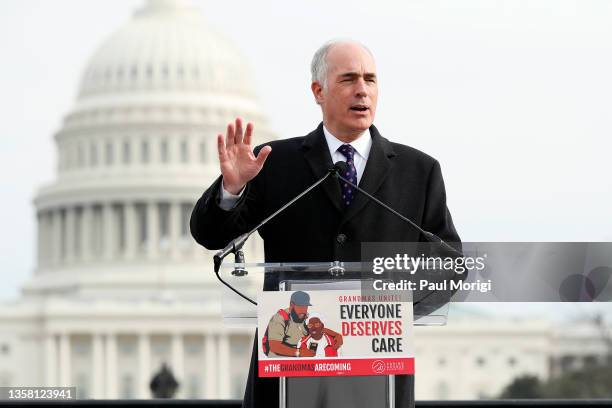 Sen. Bob Casey speaks at a rally with grandmas and Congressional members for "Build Back Better' in front of the U.S. Capitol Building on December...