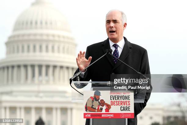 Sen. Bob Casey speaks at a rally with grandmas and Congressional members for "Build Back Better' in front of the U.S. Capitol Building on December...