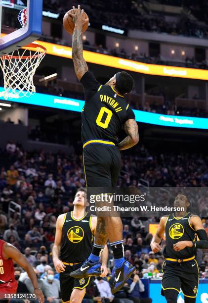 Gary Payton II of the Golden State Warriors goes up for an attempted slam dunk against the Portland Trail Blazers during the second quarter of an NBA...