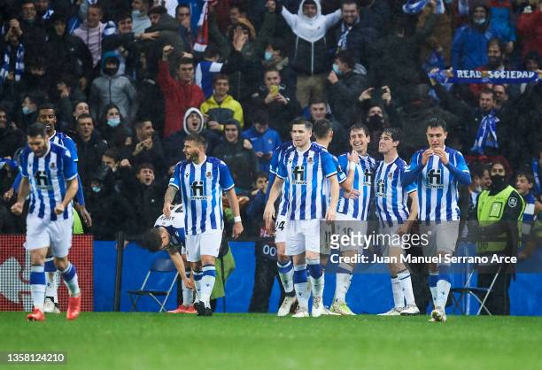 Mikel Oyarzabal of Real Sociedad celebrates after scoring his team's second goal during the UEFA Europa League group B match between Real Sociedad...