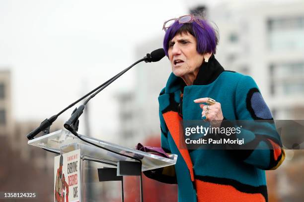 Rep. Rosa DeLauro speaks at a rally with grandmas and Congressional members for "Build Back Better' in front of the U.S. Capitol Building on December...