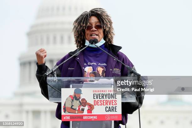 Valarie Long, SEIU EVP, speaks at a rally with grandmas and Congressional members for "Build Back Better' in front of the U.S. Capitol Building on...