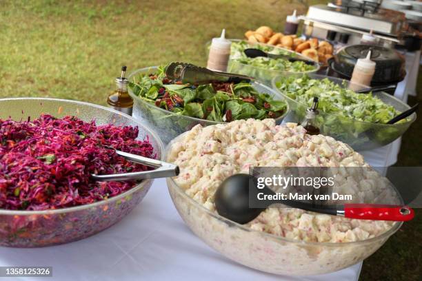 a buffet of summer salads at an outdoor event - potato salad stock pictures, royalty-free photos & images