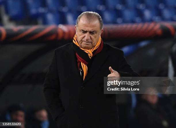 Fatih Terim head coach of Galatasaray gestures during the UEFA Europa League group E match between SS Lazio and Galatasaray at Olimpico Stadium on...