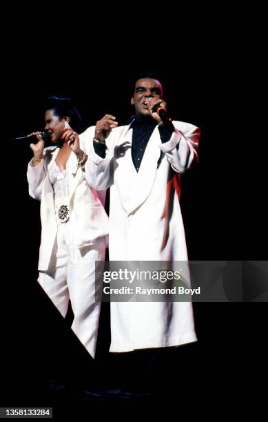 Singer and song writer Angela Winbush and singer Ronald Isley of The Isley Brothers performs at the Arie Crown Theater in Chicago, Illinois in March...