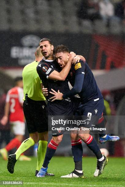 Aleksandar Dragovic of Crvena Zvezda and Milan Pavkov of Crvena Zvezda celebrate the victory at the end of the UEFA Europa League group F match...