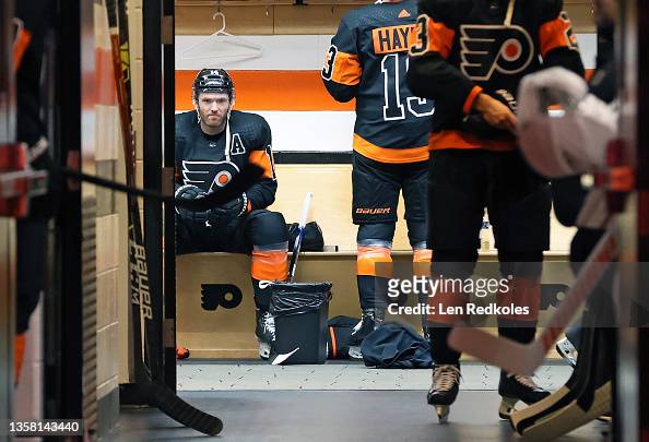 Sean Couturier of the Philadelphia Flyers sets in the locker room