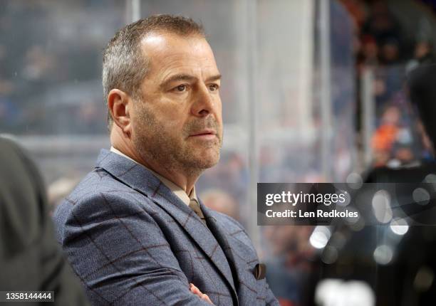 Head Coach Alain Vigneault of the Philadelphia Flyers watches the play on the ice against the Tampa Bay Lightning at the Wells Fargo Center on...