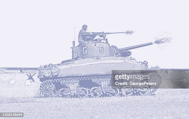 illustrations, cliparts, dessins animés et icônes de canon de tir de char m5 stuart de la seconde guerre mondiale sur omaha beach - d day