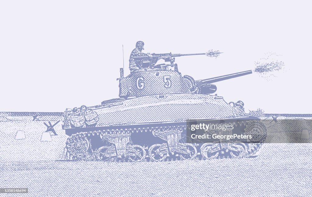 オマハビーチで第二次世界大戦M5スチュアートタンク発射キノン