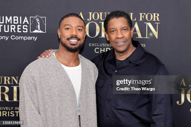 Michael B. Jordan and Denzel Washington attend the world premiere of "A Journal For Jordan" at AMC Lincoln Square Theater on December 09, 2021 in New...