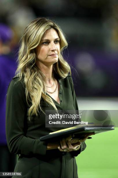 Sideline Analyst Erin Andrews looks on before the game between the Pittsburgh Steelers and the Minnesota Vikings at U.S. Bank Stadium on December 09,...