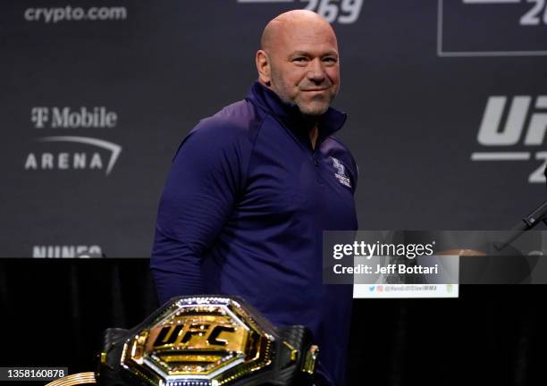 President Dana White walks on stage during the UFC 269 press conference at MGM Grand Garden Arena on December 09, 2021 in Las Vegas, Nevada.