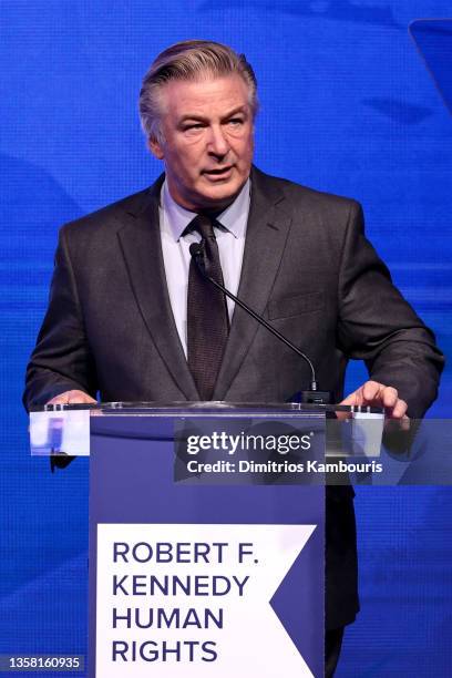 Alec Baldwin speaks during the 2021 RFK Ripple Of Hope Gala at New York Hilton Midtown on December 09, 2021 in New York City.