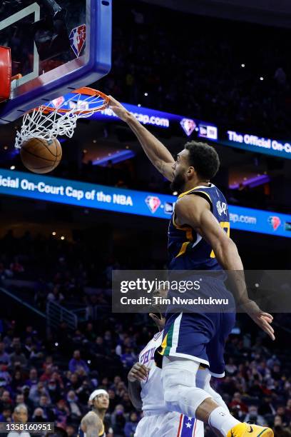 Rudy Gobert of the Utah Jazz dunks during the second quarter against the Philadelphia 76ers at Wells Fargo Center on December 09, 2021 in...