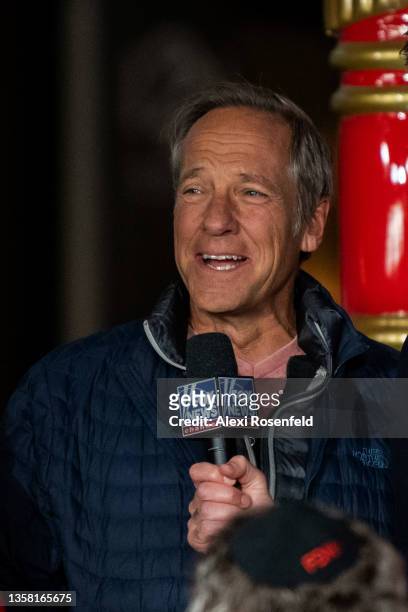 Mike Rowe speaks on camera at the new All-American Christmas Tree lighting outside News Corporation at Fox Square on December 9, 2021 in New York...