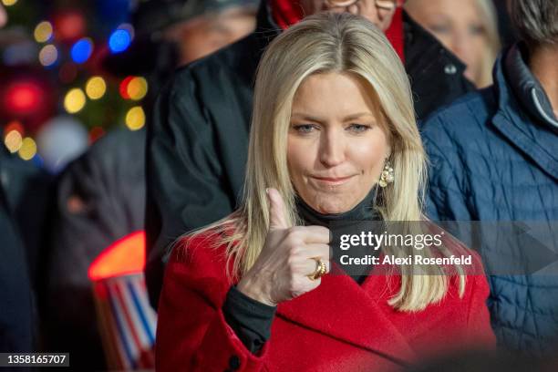 Ainsley Earhardt gives a thumbs up at the new All-American Christmas Tree lighting outside News Corporation at Fox Square on December 9, 2021 in New...
