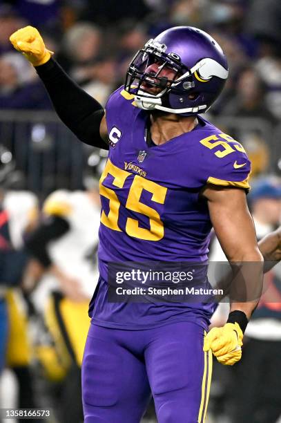 Anthony Barr of the Minnesota Vikings reacts in the second quarter of the game against the Pittsburgh Steelers at U.S. Bank Stadium on December 09,...