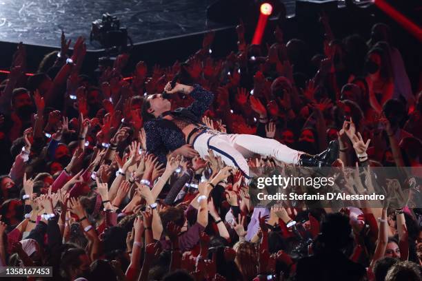 Damiano David of Maneskin performs at the final night of the 15th X Factor 2021 Tv Show at Mediolanum Forum of Assago on December 09, 2021 in Milan,...