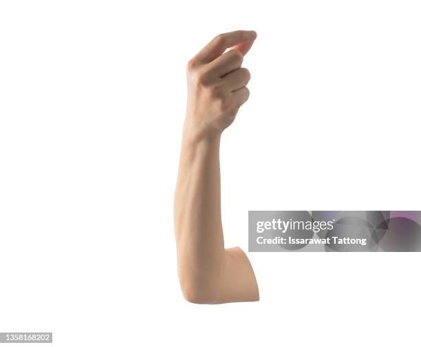 female holding something on white background, closeup of hand - man holding his hand out foto e immagini stock