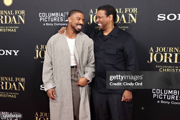 Michael B. Jordan and Denzel Washington attend the "A Journal For Jordan" World Premiere at AMC Lincoln Square Theater on December 09, 2021 in New...