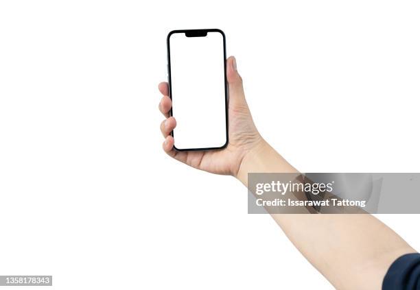 hand hold girl having video-call with lover holding smart phone in hand shooting selfie on camera isolated on white background - photo messaging bildbanksfoton och bilder