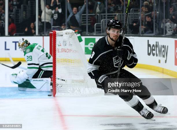 Adrian Kempe of the Los Angeles Kings reacts as he score on Jake Oettinger of the Dallas Stars, to take a 1-0 lead, during the second period at...