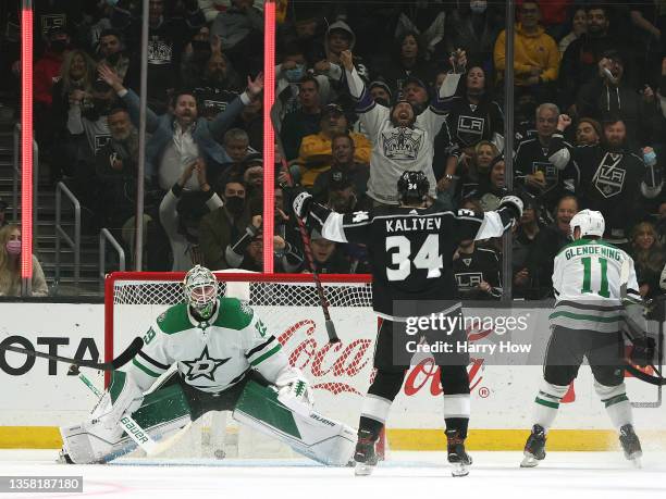 Jake Oettinger of the Dallas Stars reacts as Arthur Kaliyev of the Los Angeles Kings score, to take a 2- 0 lead, during a 4-0 Kings win at Staples...