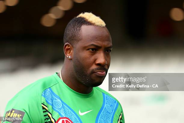 Andre Russell of the Stars arrives during the Men's Big Bash League match between the Melbourne Stars and the Sydney Thunder at Melbourne Cricket...