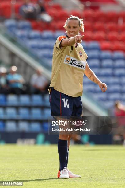 Emily van Egmond of the Jets reacts during the round two A-League Womens match between Newcastle Jets and Wellington Phoenix at McDonald Jones...