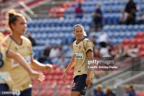 Emily van Egmond of the Jets reacts during the round two A-League Womens match between Newcastle Jets and Wellington Phoenix at McDonald Jones...