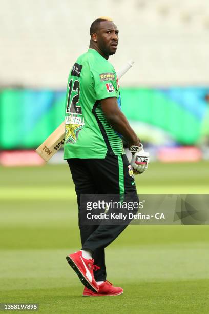 Andre Russell of the Stars warms up during the Men's Big Bash League match between the Melbourne Stars and the Sydney Thunder at Melbourne Cricket...