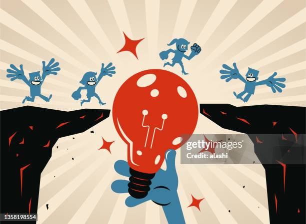 people are running along the bridge made of a big idea light bulb to cross over the cliff - helping to cross the bridge stock illustrations