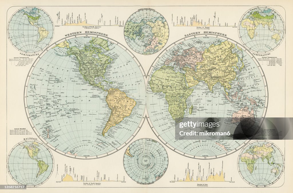 Old chromolithograph illustration of map of the World