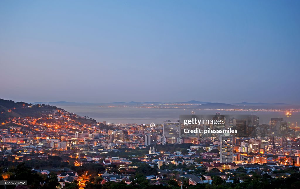 Cape Town panorama city landscape at dusk, Cape Peninsula, South Africa.