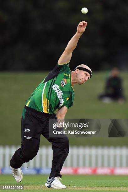 Seth Rance of the Central Stags bowls during the Super Smash T20 match between the Canterbury Kings and Central Stags at Hagley Oval on December 10,...