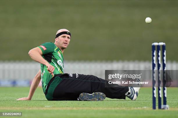 Seth Rance of the Central Stags fields the ball during the Super Smash T20 match between the Canterbury Kings and Central Stags at Hagley Oval on...