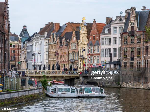 spring in gent, leie and grasbrug - scheldt river stock pictures, royalty-free photos & images