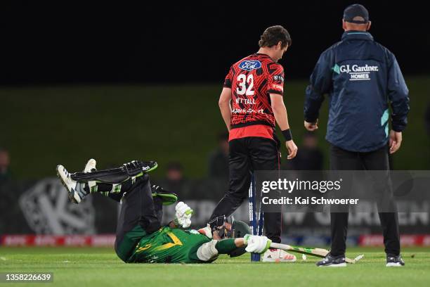 Seth Rance of the Central Stags reacts after being run out during the Super Smash T20 match between the Canterbury Kings and Central Stags at Hagley...